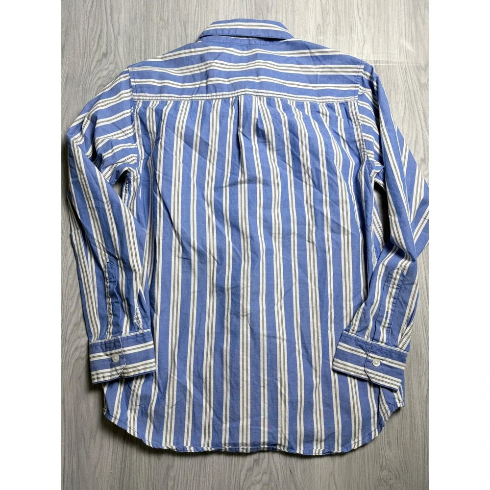 Old Navy Boys XL Blue White Striped Long Sleeve Button Down Shirt Lion